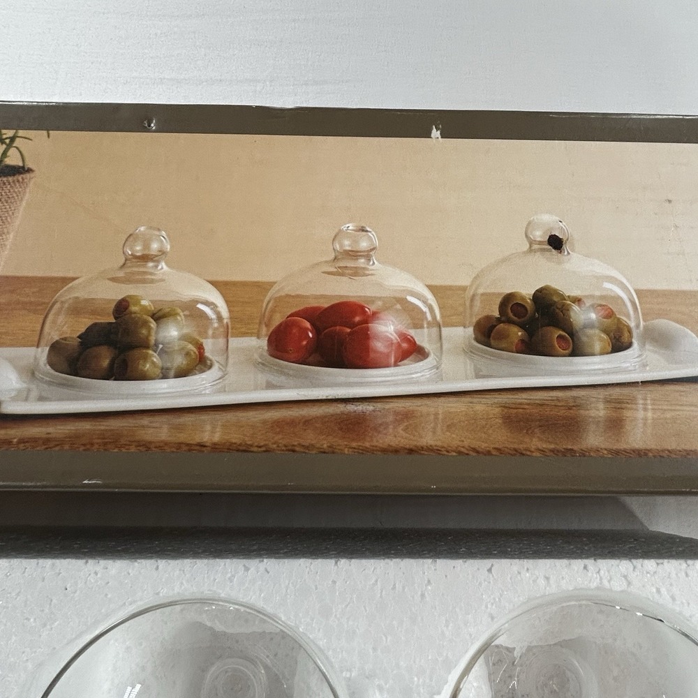 NEW Pier 1 Imports Tidbits Tray Glass Serving Platter With 3 Domes Party Snacks
